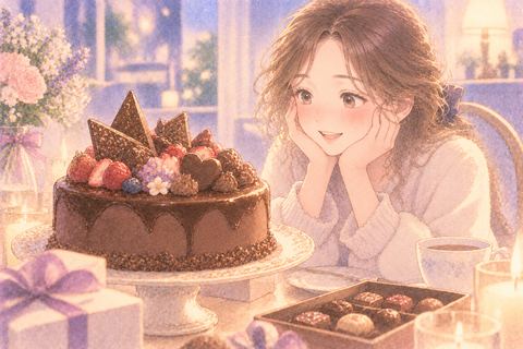 華やかなチョコレートケーキを見る女性