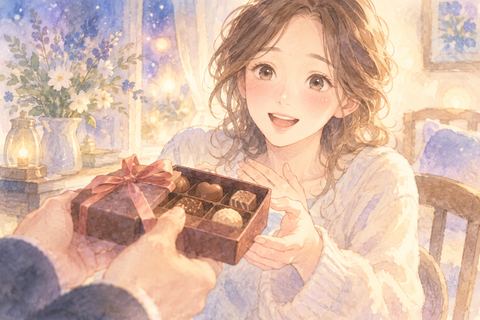 差し出されたチョコレートを受け取る女性