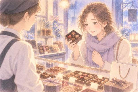 店でチョコレートを買う女性