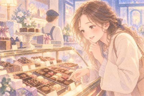 並んだチョコレートを選ぶ女性