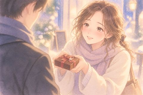 相手へチョコレートを渡す女性
