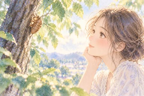 枝に残った蝉の抜け殻を見る女性