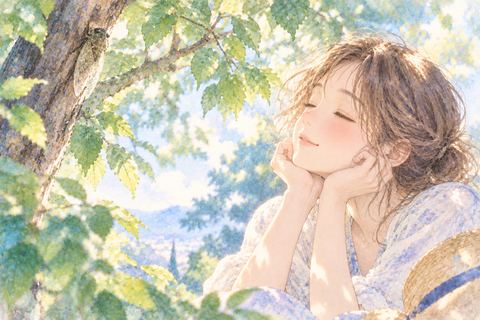 木陰で蝉の声を心地よく聞く女性