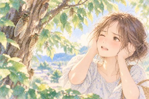 蝉の大きな鳴き声に困る女性