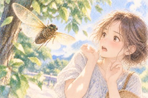 飛んでくる蝉に驚く大人の女性
