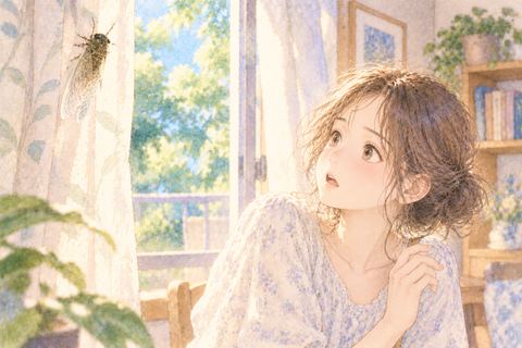 部屋の中の蝉を見つけた女性