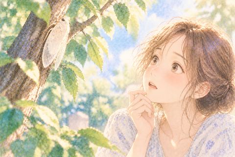 白い蝉を見つめる大人の女性