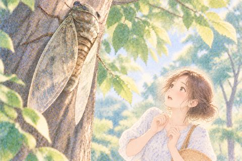 大きな蝉を見上げる女性