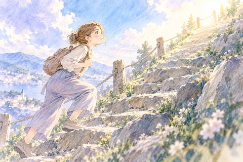 急な坂を見上げながら登る大人の女性