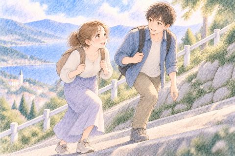 知人と並んで坂道を登る大人の女性