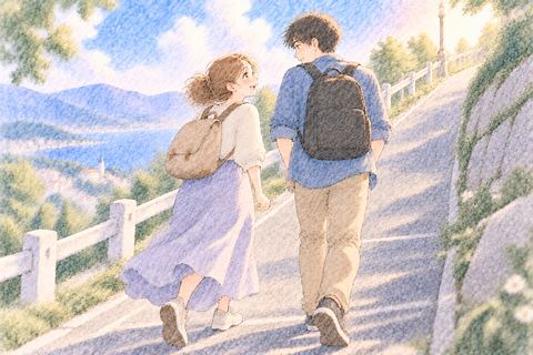 恋人と並んで坂道を登る大人の女性