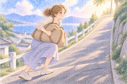重い荷物を持って坂を登る大人の女性