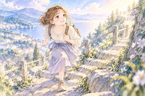 急な坂を軽やかに登る大人の女性