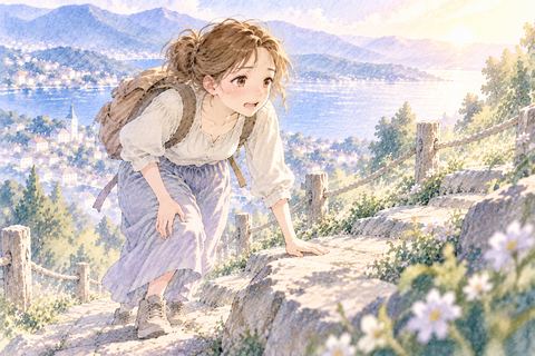 急な坂を息を切らしながら登る大人の女性