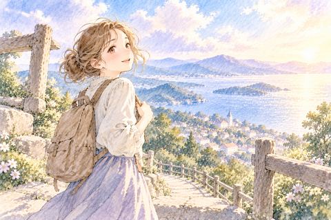 坂の頂上に着いてほっとする大人の女性