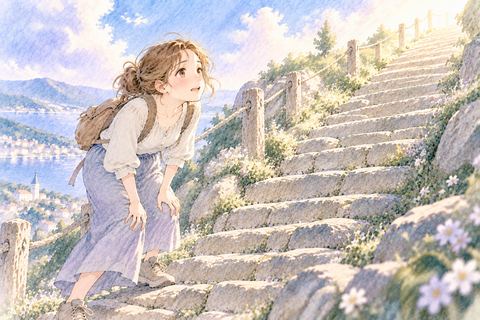 坂の途中で足を止める大人の女性