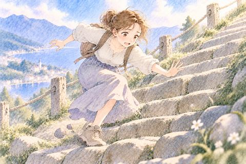 坂を登る途中で足を滑らせる大人の女性