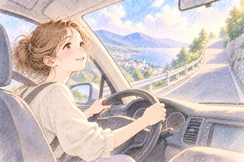 車を運転して坂道を登る大人の女性