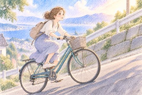 自転車をこいで坂を登る大人の女性