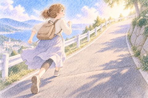 坂道を勢いよく走って登る大人の女性