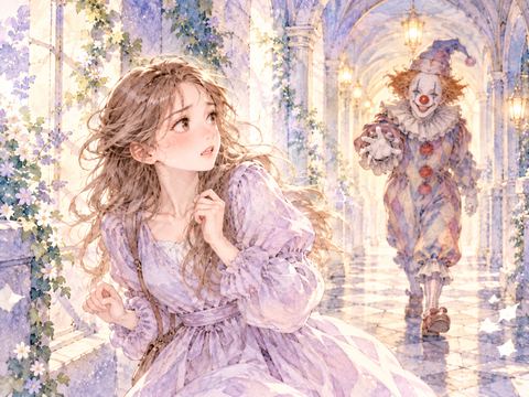 薄暗い廊下でピエロが近づき戸惑う女性