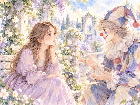 ベンチに座ってピエロの話に耳を傾ける女性