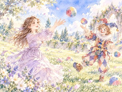 芝生でピエロとボール遊びを楽しむ女性