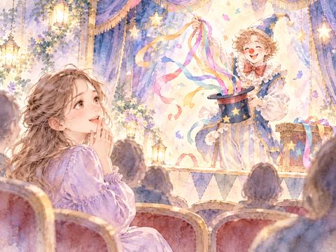 おどけた手品をするピエロを見て笑う女性