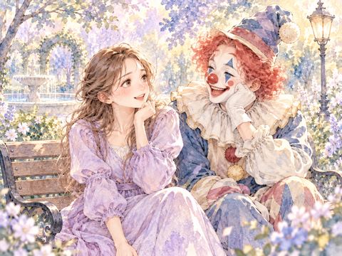 最初は怖かったピエロと打ち解けて笑い合う女性