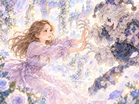 迫るピエロに向かって両手を出して抵抗する女性