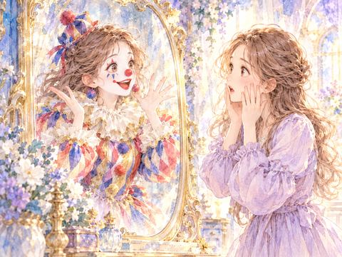 鏡に映るピエロ姿の自分を驚いて見つめる女性