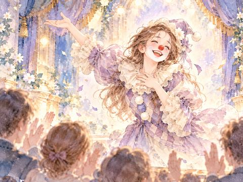 ピエロ姿で芸を披露し観客の拍手を喜ぶ女性