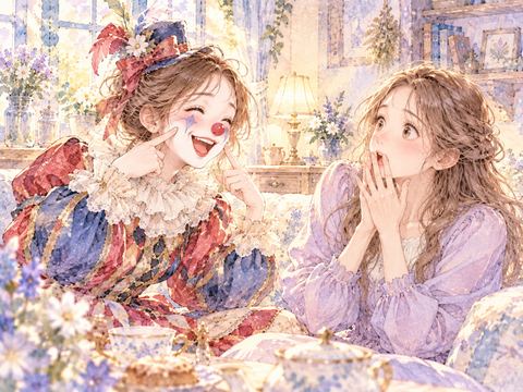ピエロ姿になった知人を驚いて見つめる女性