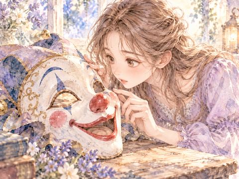机に置かれたピエロの仮面を興味深そうに見る女性