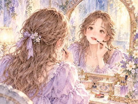 鏡を見ながら自分の顔にピエロの化粧をする女性