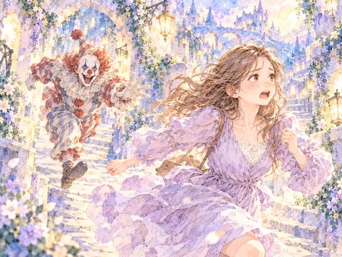 笑顔のピエロに追われ必死に走る女性