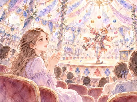サーカスの客席からピエロの芸を楽しむ女性