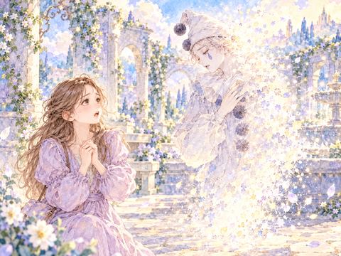目の前でピエロが光に溶けるのを見て驚く女性