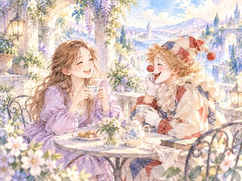 ピエロと並んで座り自然に笑い合う女性