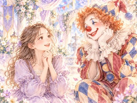 赤い鼻の笑顔のピエロにつられて微笑む女性