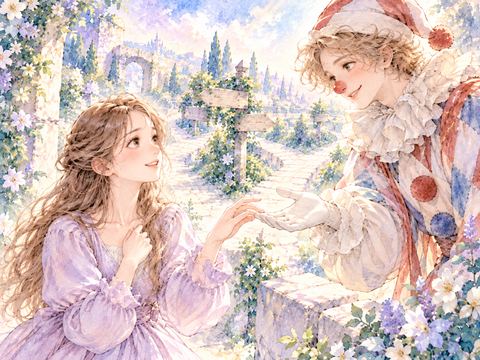 穏やかなピエロが迷っている女性に手を差し伸べる