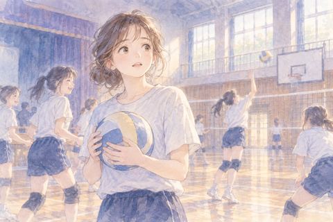 学生時代の体育館で仲間と練習する大人の女性