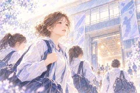 大会会場へ向かう大人の女性と仲間
