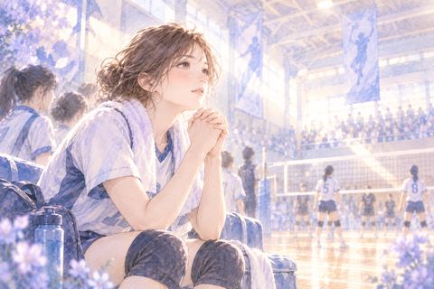 試合前に緊張しながら待つ大人の女性