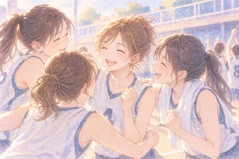 試合後に仲間と喜ぶ大人の女性