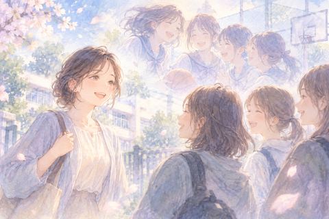 昔の部活仲間と再会する大人の女性