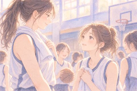 部活の先輩を見上げる大人の女性