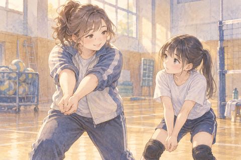 後輩へ練習を教える大人の女性