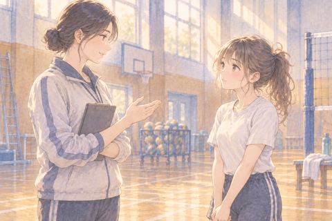 部活の顧問と向き合う大人の女性