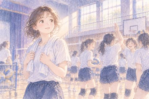 高校の体育館で部活仲間を見る大人の女性